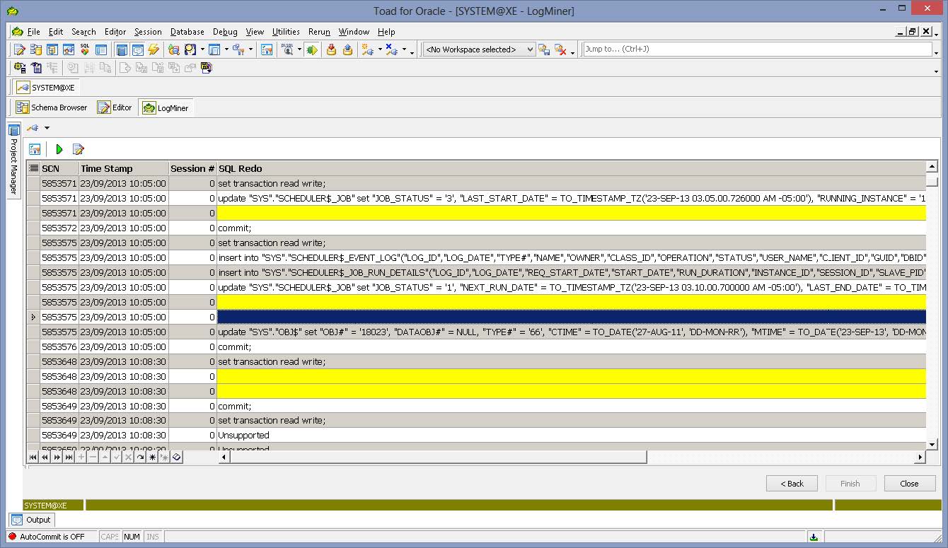 Abbildung 3: Logminer Interface in Toad © Thomas Klughardt
