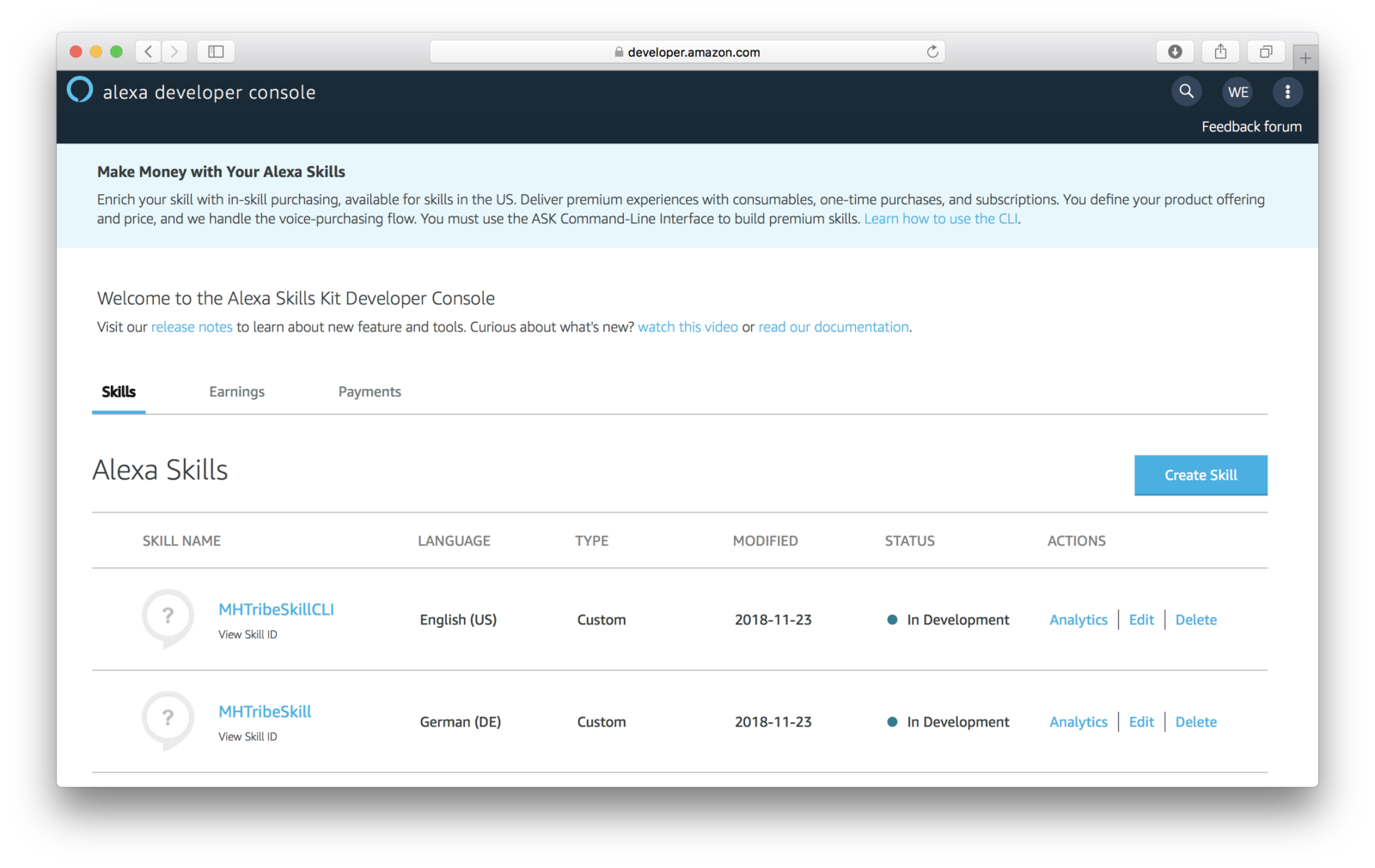 Abb. 2: Die Alexa Developer Console. © Werner Eberling