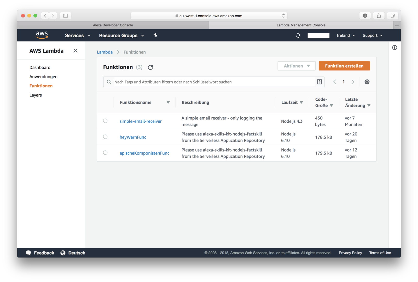 Abb. 4: Übersicht über die bestehenden Lambda Funktionen in der AWS Console. © Werner Eberling